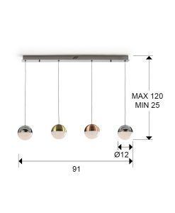 Lampe linéaire 4 feux LED couleur SPHERE dimmable mesures