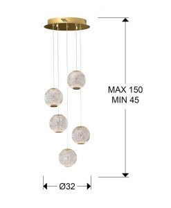 Lampe pendante 5 lumières LED 32cm Ø or Mesures AUSTRAL