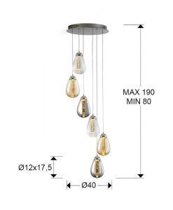 Lampe pendante 6 lumières LED couleur TACCIA mesures