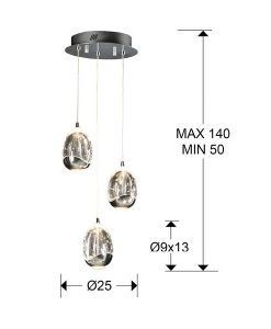 Pendentif 3 lumières LED chrome ROCÍO tailles