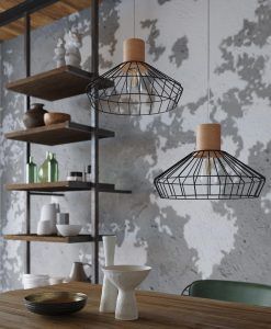 Lampe pendante en acier et bois noir RIDA ambiance